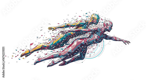 Dynamic abstract low poly figures in motion with fragmented geometric design