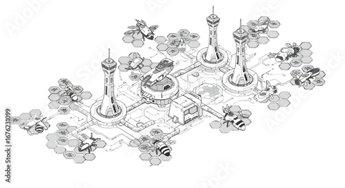 Futuristic bee colony with robotic drones and towers in isometric design