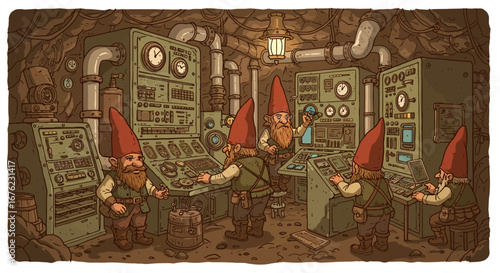 Gnomes operating vintage control room in underground steampunk setting