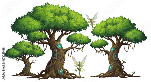 Enchanted forest with magical trees and fairies in whimsical fantasy scene