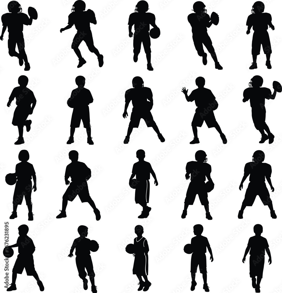 Fototapeta premium Silhouettes of American Football Players in Action Poses with Footballs sport