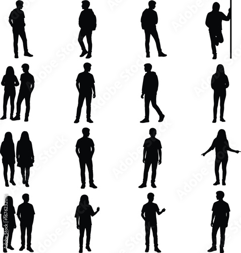 Silhouettes of Young Men and Women in Casual Poses and Interactions young people