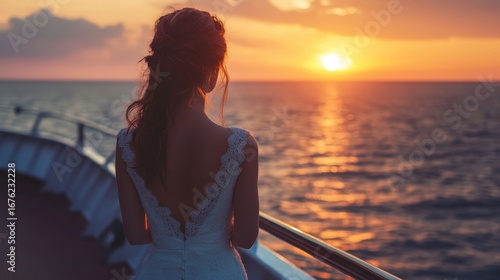 Bride enjoying sunset at sea