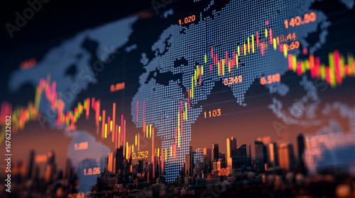 Gráficas financieras sobre mapa mundial y ciudad iluminada
