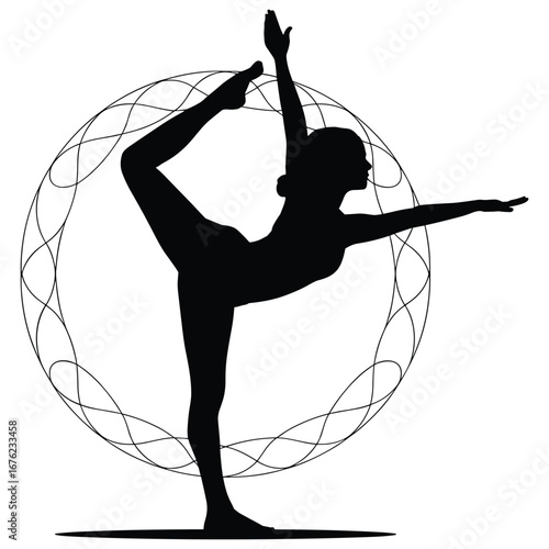 Woman practicing yoga dancer pose silhouette within a circular design