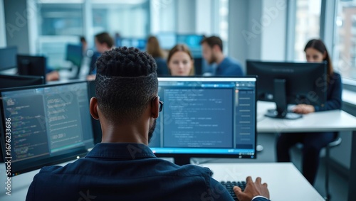 Stylish young black man sitting at desk with back to camera working on computer with codelines on screen. Programer and team if other people coding in IT company office. AI development.