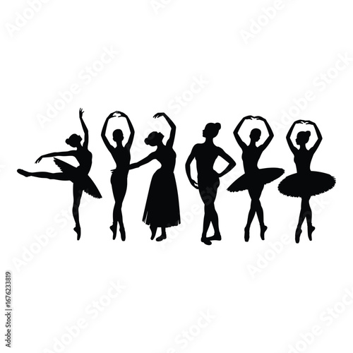 Group of ballet dancers in various poses silhouette