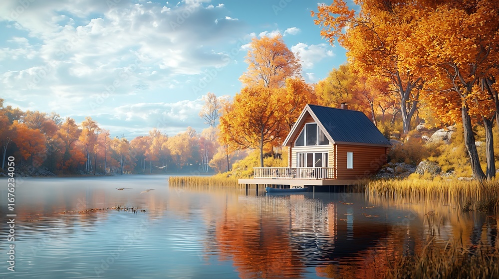 Fototapeta premium Scenic autumn forest with cozy cabin on lake high resolution picture