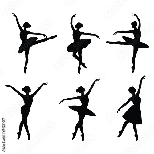Six elegant ballet dancers posing in various graceful movements silhouette