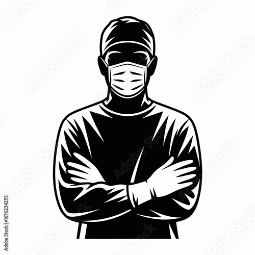 Silhouette of a medical professional wearing a surgical mask and cap with arms crossed