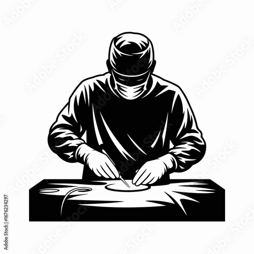 Surgeon in scrubs performing a medical procedure with surgical instruments