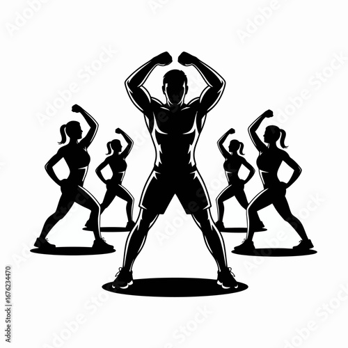 Silhouettes of people exercising together in a fitness class