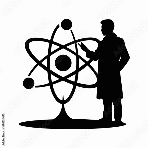Scientist silhouetted next to atomic model demonstrating scientific discovery