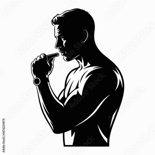 Silhouette of a muscular man with a watch holding a vape pen