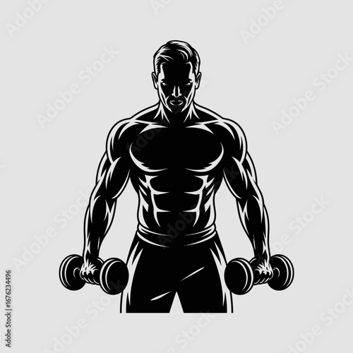 Muscular man silhouette holding dumbbells ready for workout