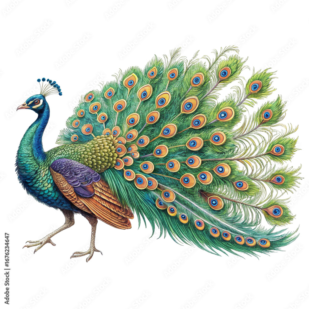 Obraz premium A vibrant peacock with its tail feathers fully displayed against a black background in a full shot view created with generated ai