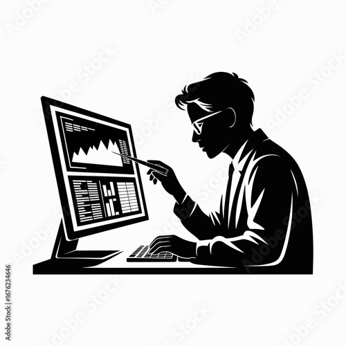 Silhouette of a man in glasses working on a computer with charts and graphs