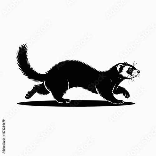 Black and white silhouette of a running ferret with a bushy tail