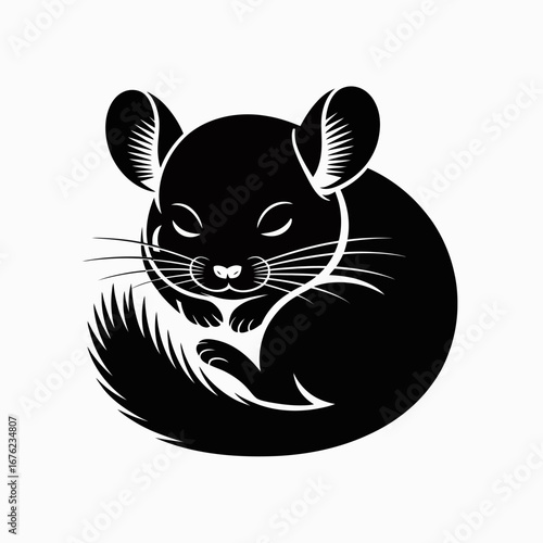 Stylized black and white chinchilla illustration curled up