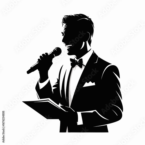 Silhouette of a man in a suit holding a microphone and a paper