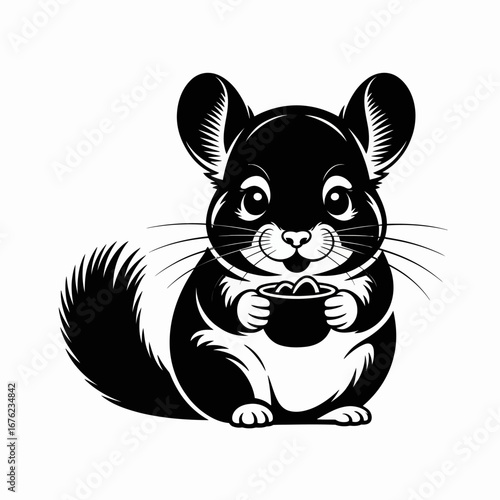 Cute black and white illustration of a chinchilla holding a small bowl