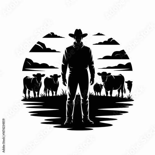 Silhouette of a cowboy standing in a field with cattle at sunset