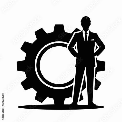 Silhouette of an engineer in a suit standing next to a large gear