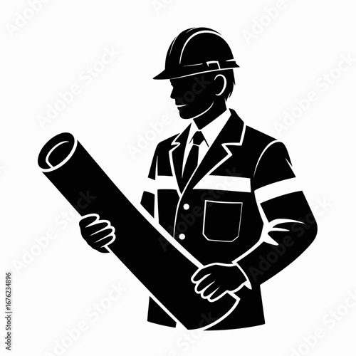 Silhouette of a construction worker holding blueprints in a hard hat