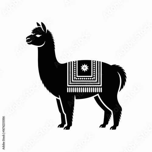 Stylized black llama silhouette with decorative blanket