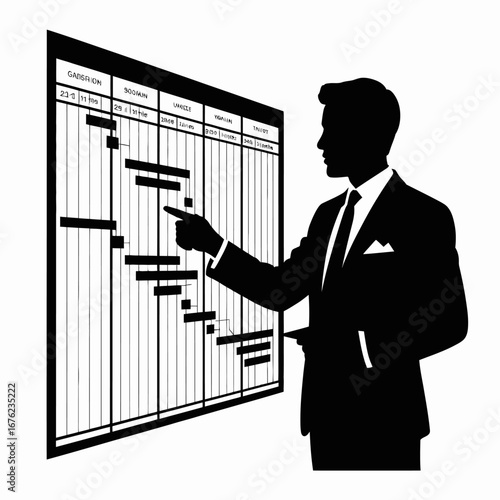 Businessman pointing at a detailed project timeline chart on a large board