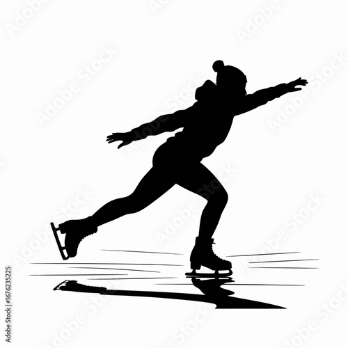 Silhouette of a female figure skater performing a jump on ice