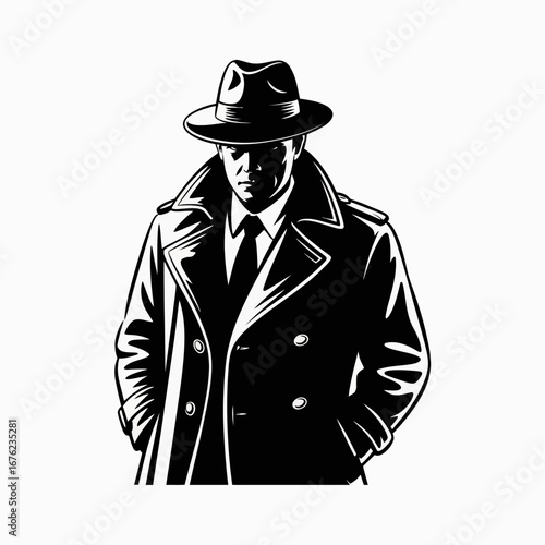 Mysterious man in trench coat and fedora hat