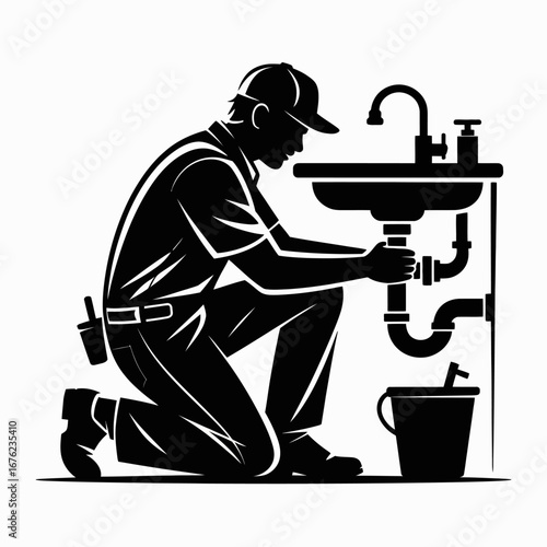 Plumber working on sink pipes with tools and bucket