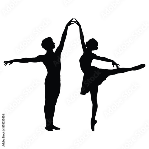 Ballet dancers performing a duet in silhouette