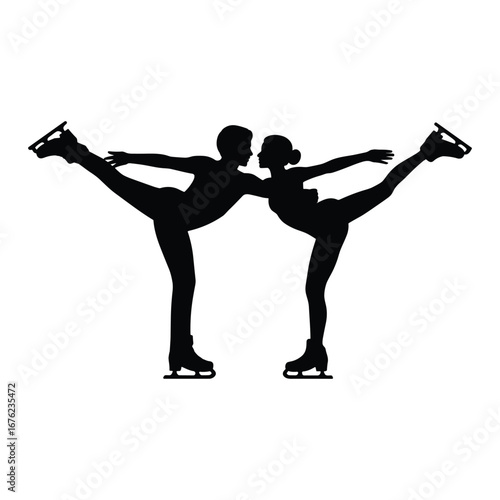 Figure skating couple performing a synchronized pose silhouette