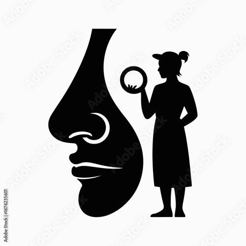 Optical illusion of a woman holding a magnifying glass over a large nose profile