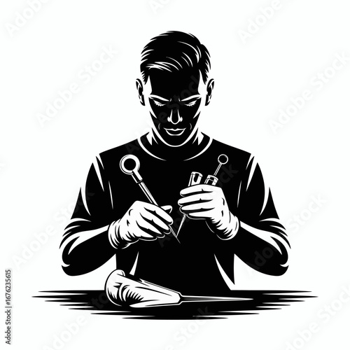 Skilled craftsman meticulously working with tools in a dramatic black and white illustration