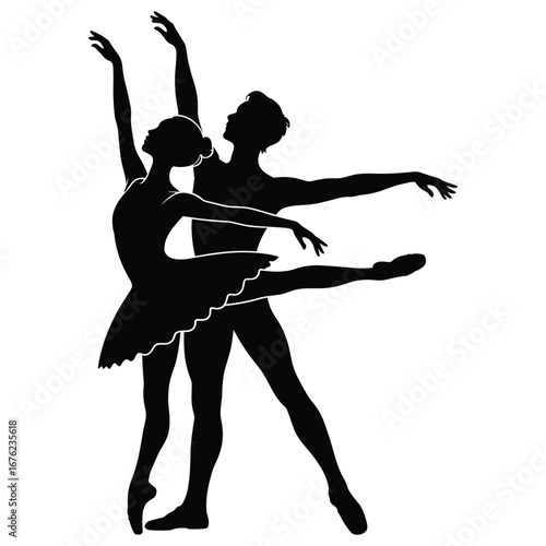 Elegant ballet dancers performing a pas de deux silhouette