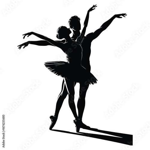 Elegant ballet dancers performing a pas de deux silhouette