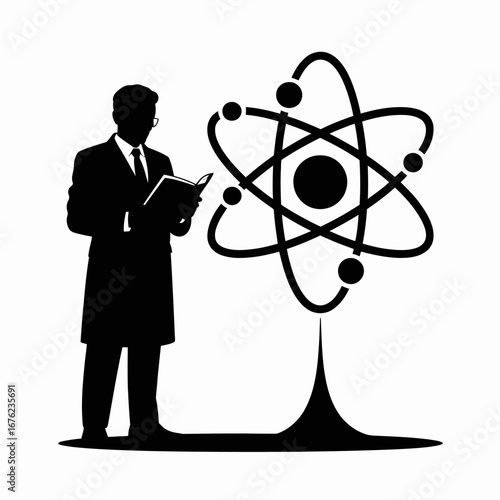 Scientist in silhouette presenting atomic structure model with orbiting electrons