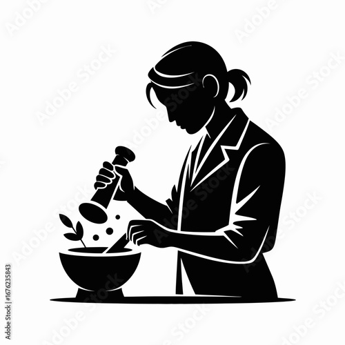 Silhouette of a person grinding herbs in a mortar and pestle