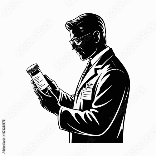Scientist in lab coat examining a vial with intense focus