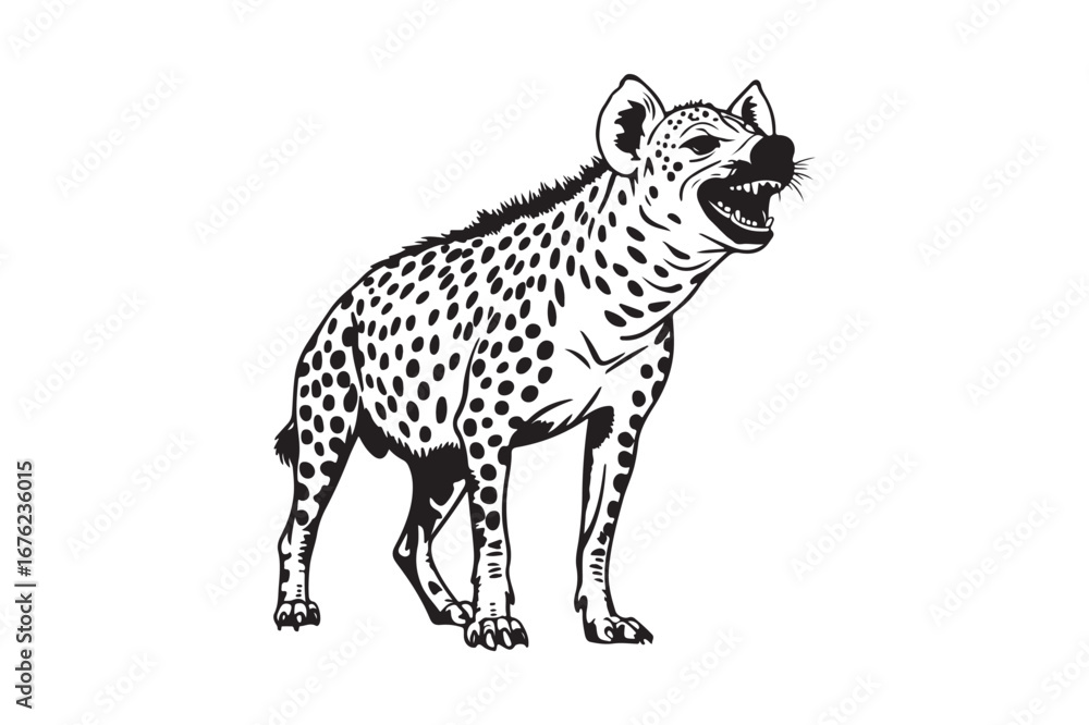 Naklejka premium Black and white illustration of a spotted hyena with open mouth