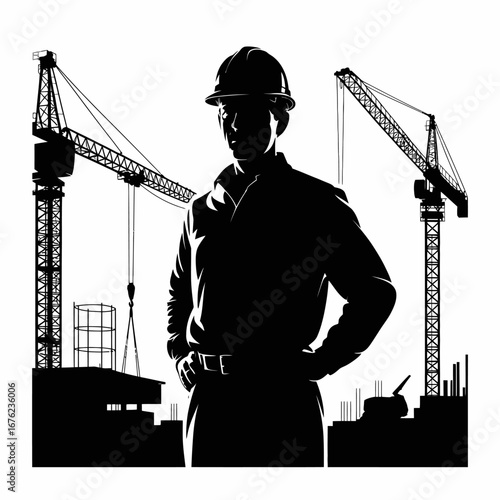 Construction worker silhouette with cranes and buildings at a job site