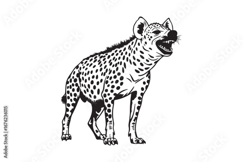 Black and white illustration of a spotted hyena with open mouth