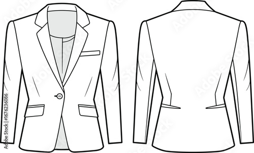 One-button women’s blazer technical flat sketch, vector CAD drawing front and back, featuring flap pockets and chest welt pocket