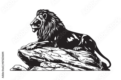 Majestic lion rests on a rocky outcrop in detailed illustration