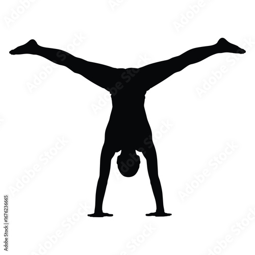 Gymnast performing a handstand with legs spread wide silhouette