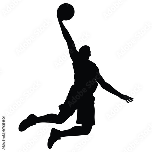 Dynamic basketball player performing a slam dunk silhouette