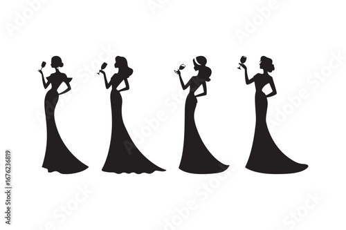 Elegant silhouettes of women in long gowns holding glasses